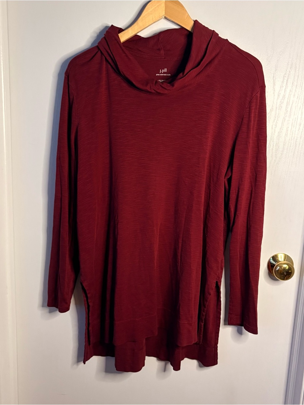 J. Jill Pima Cotton Cowl Neck Tunic Top Hi-Low Hem Long Sleeve Burgundy L Soft